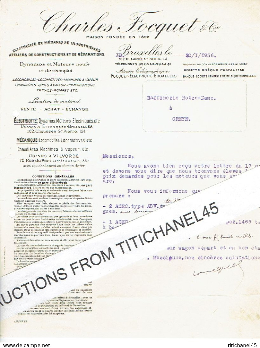 1936 BRUXELLES - Lettre De CHARLES FOCQUET - Construction Locomotives, Grues à Vapeur, Locomobiles, Chaudières... - Other & Unclassified