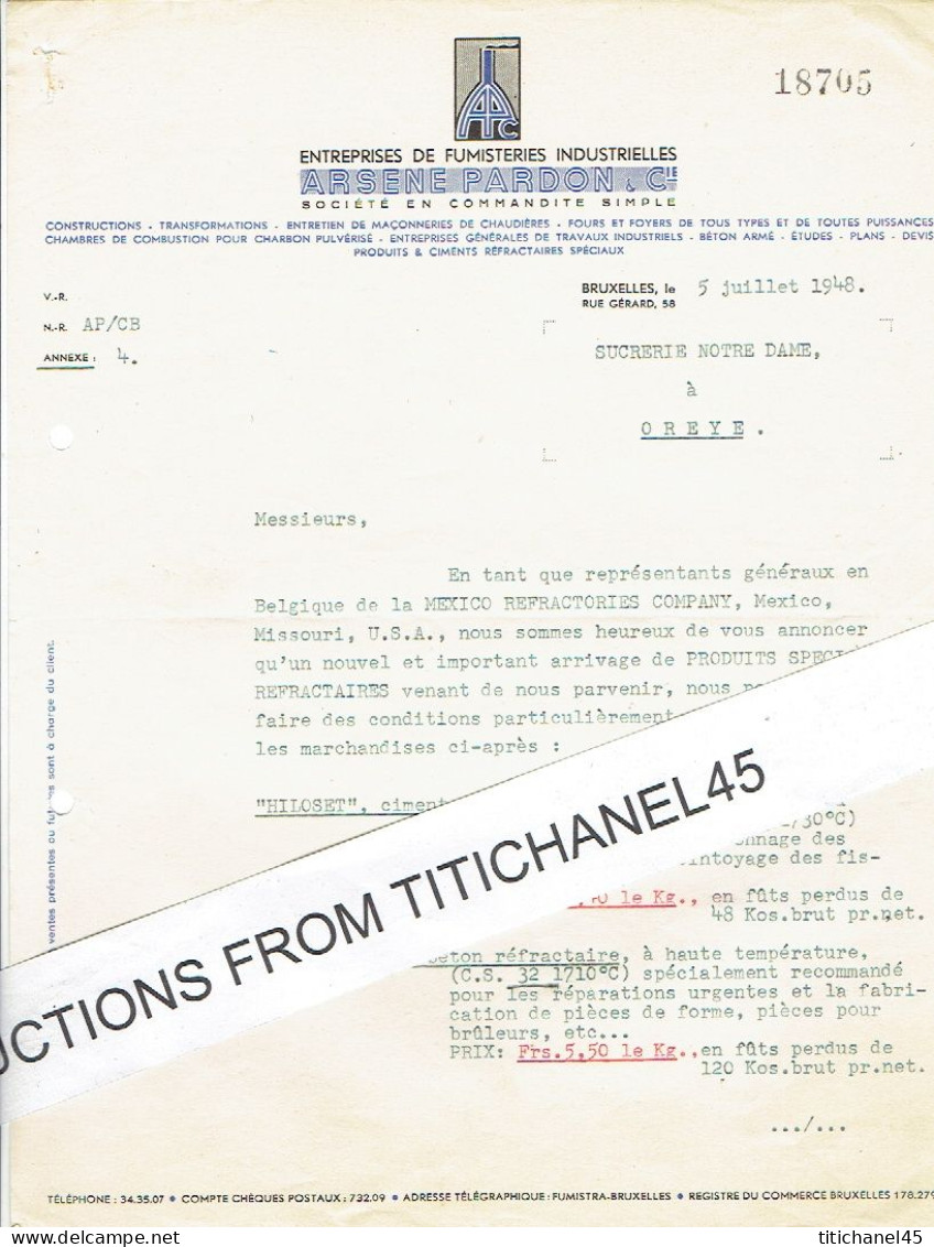 BRUXELLES 1948 Lettre De ARSENE PARDON & Cie - Entreprise De Fumisteries Industrielles - Otros & Sin Clasificación