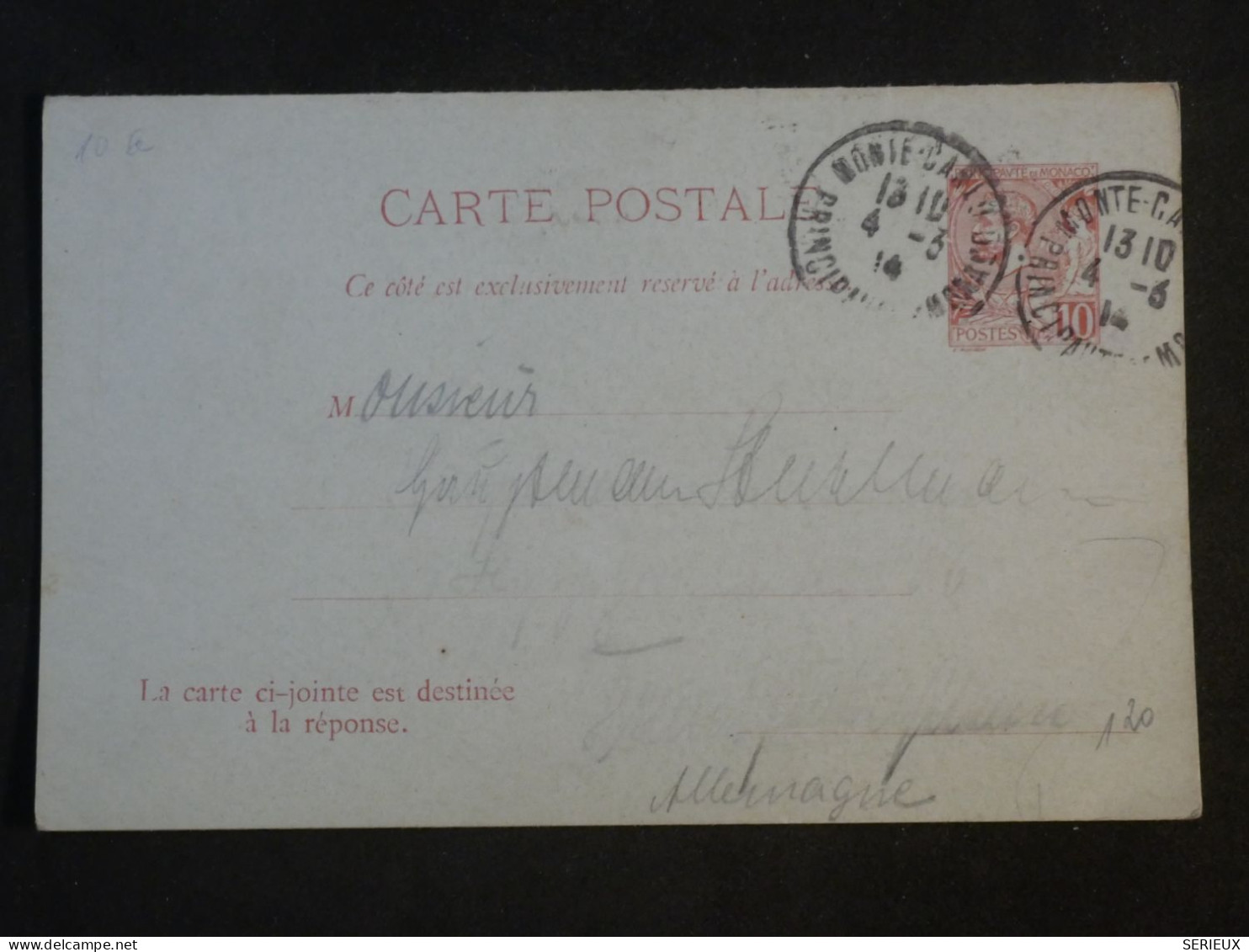 DH4 MONACO   BELLE  CARTE ENTIER  DOUBLE 1914   MONTE CARLO  A    GERMANY     ++AFF.   INTERESSANT+++ - Enteros  Postales