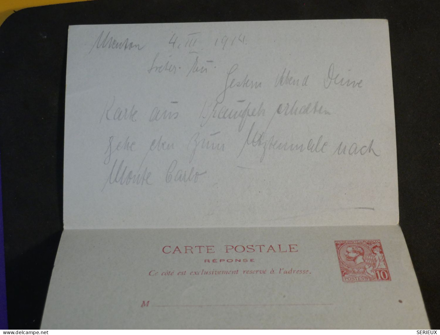 DH4 MONACO   BELLE  CARTE ENTIER  DOUBLE 1914   MONTE CARLO  A    GERMANY     ++AFF.   INTERESSANT+++ - Postal Stationery
