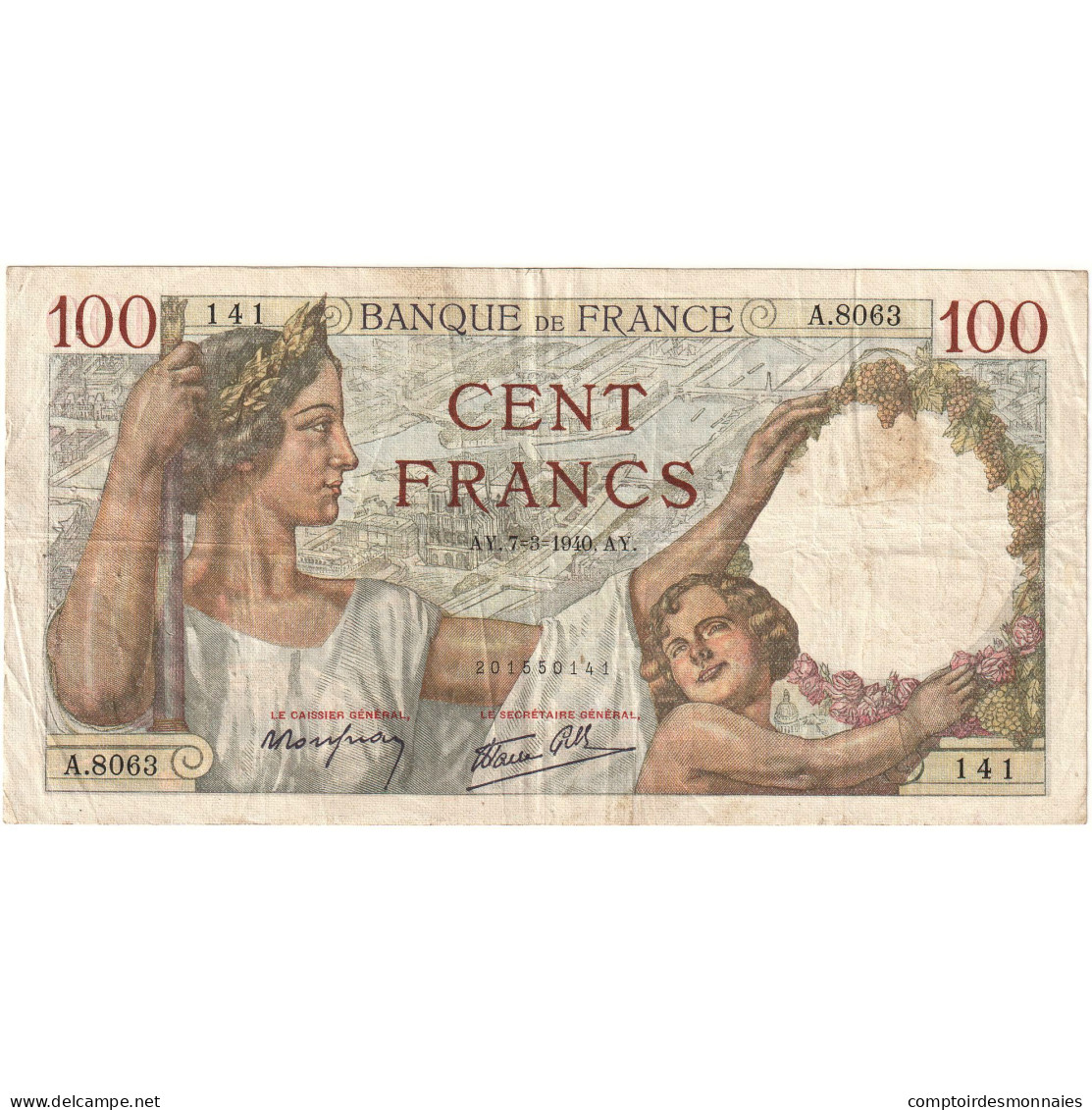 France, 100 Francs, Sully, 1940, A.8063 141, TTB, Fayette:26.52, KM:94 - 100 F 1939-1942 ''Sully''