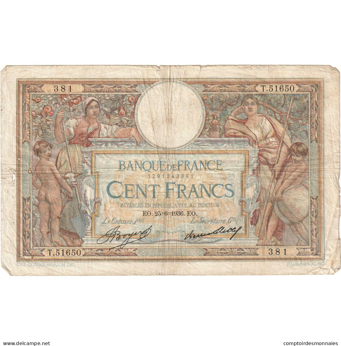 France, 100 Francs, 1936, T.51650 381, B, Fayette:24.15, KM:78c - 100 F 1908-1939 ''Luc Olivier Merson''