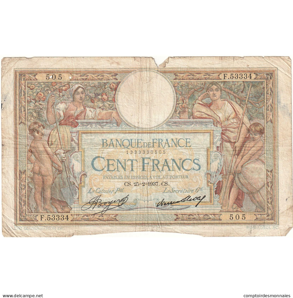 France, 100 Francs, 1937, F.53334 505, AB+, Fayette:24.15, KM:78c - 100 F 1908-1939 ''Luc Olivier Merson''