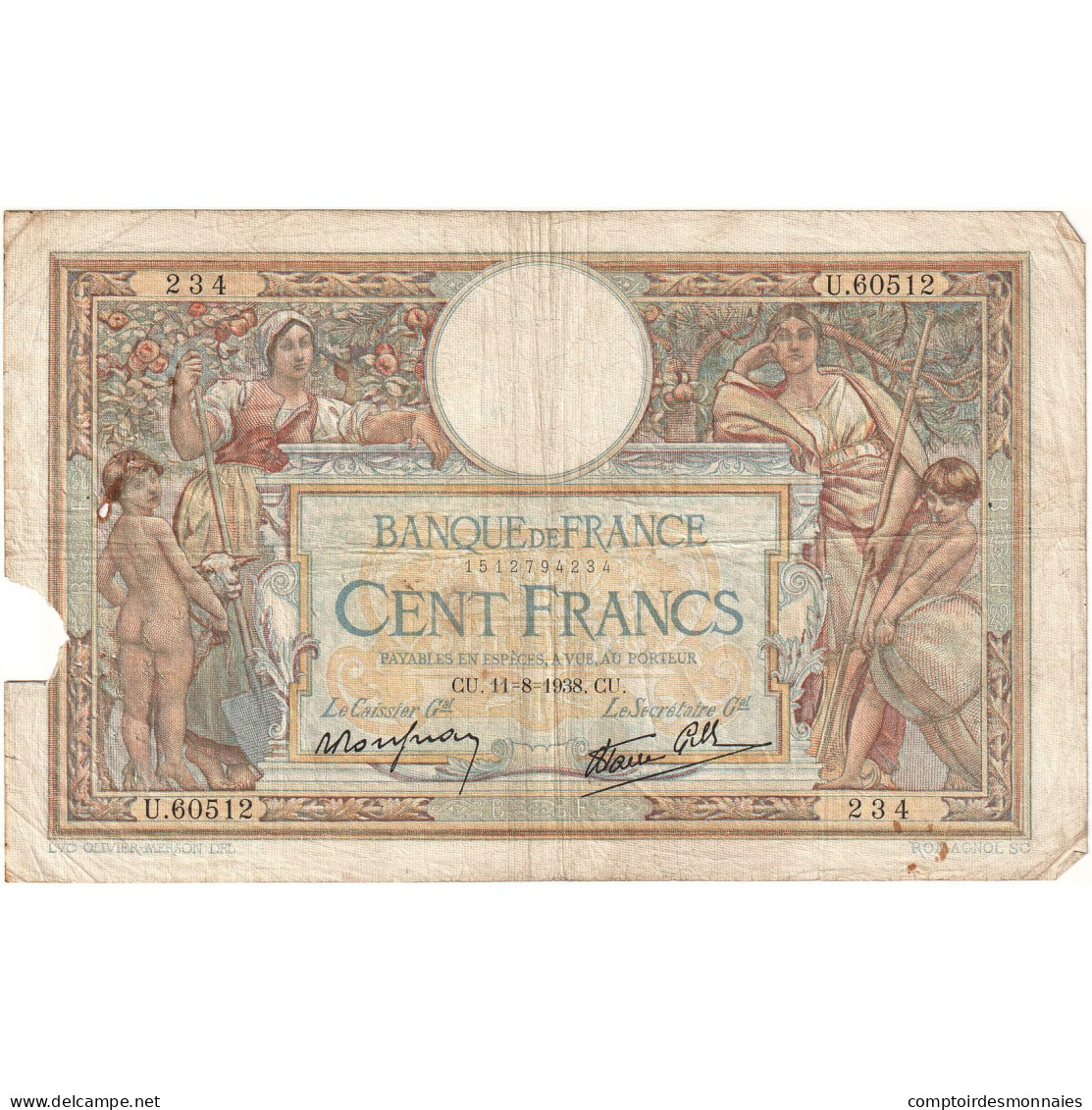 France, 100 Francs, 1938, U.60512 234, AB+, Fayette:24.15, KM:78c - 100 F 1908-1939 ''Luc Olivier Merson''