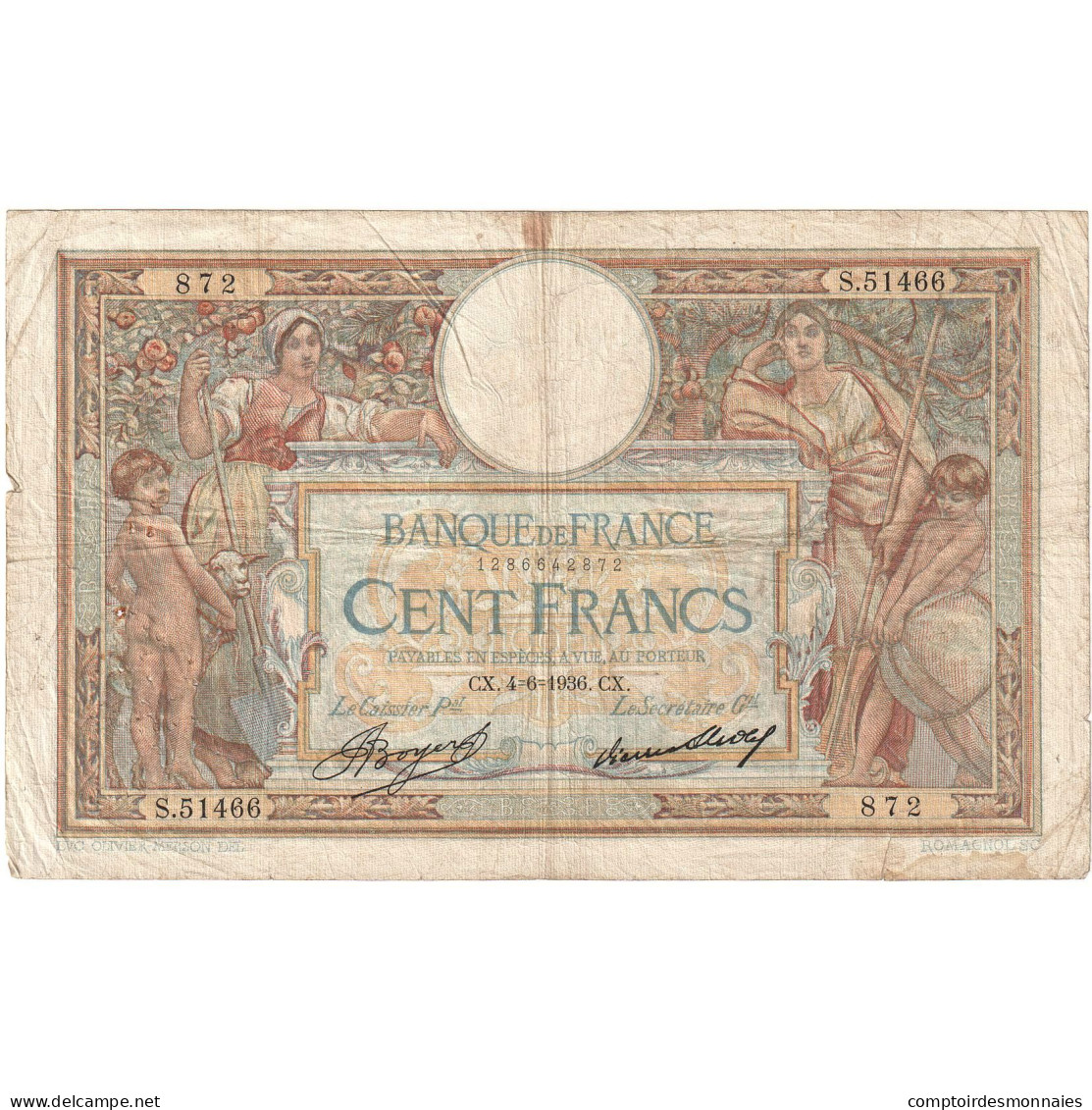 France, 100 Francs, 1936, S.51466 872, TB, Fayette:24.15, KM:78c - 100 F 1908-1939 ''Luc Olivier Merson''