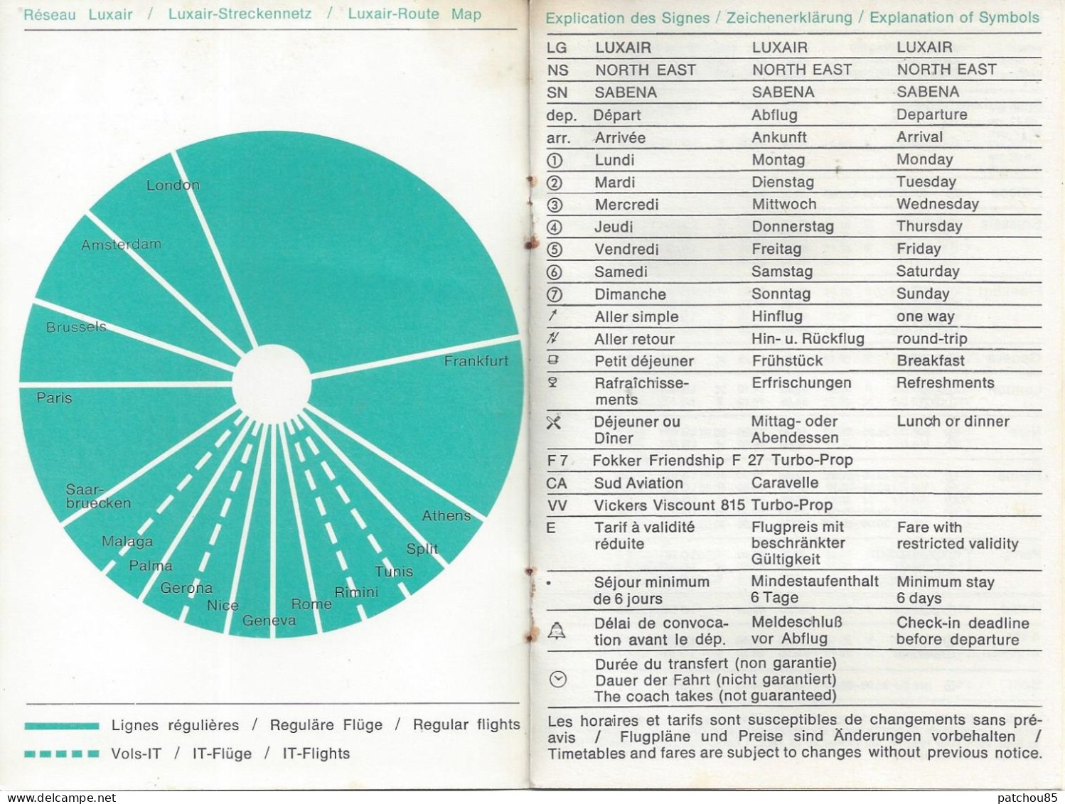 Luxair Aviation Horaire Du 1° Avril 1971 Réseau – Explications Des Signes – Horaires - Tarifs - Europa