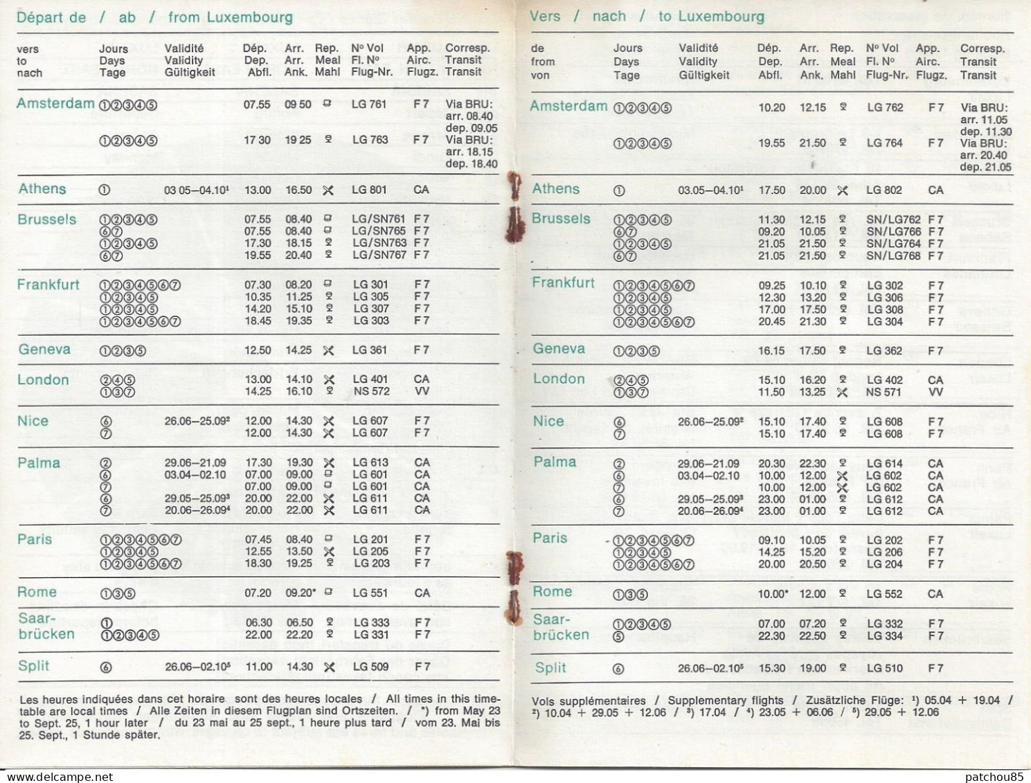 Luxair Aviation Horaire Du 1° Avril 1971 Réseau – Explications Des Signes – Horaires - Tarifs - Europe