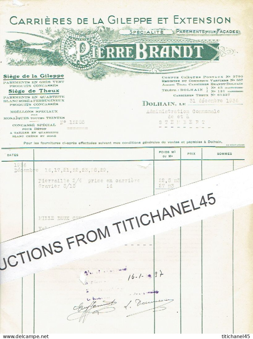 1936 DOLHAIN - THEUX - La GILEPPE - Facture De PIERRE BRANDT - Exploitation Des Carrières De La Gileppe - Autres & Non Classés