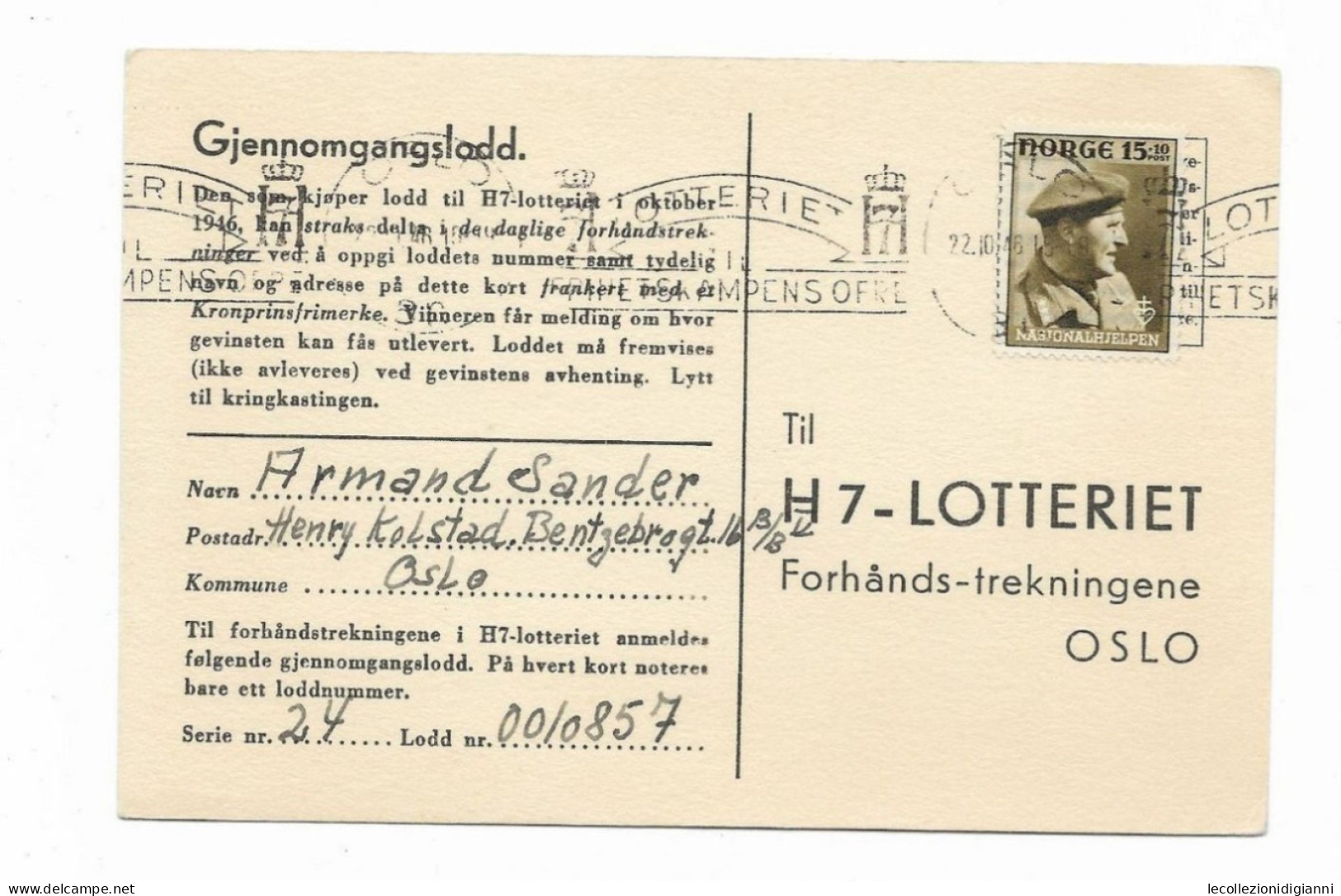 991) Norvegia Norge 1946 Postkort Cartolina Postale Lotteria Viaggiata Gelaufen Werbestempel H7 - LOTTERIET Oslo - Cartas & Documentos