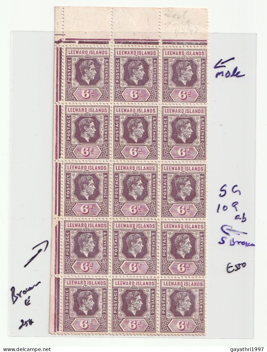 Leeward Island 1942 SG 109 Block Of 15 Stamps With Errors And Variety's, E Broken Left Row 4th Stamp (SG109 Ab)and(sh16) - Variétés, Erreurs & Curiosités