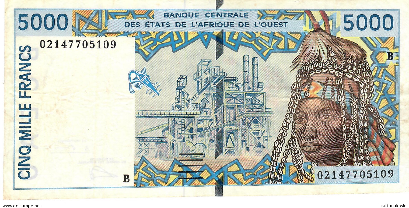 W.A.S. BENIN P213Bl 5000 FRANCS (20)02 2002      F-aVF - Estados De Africa Occidental