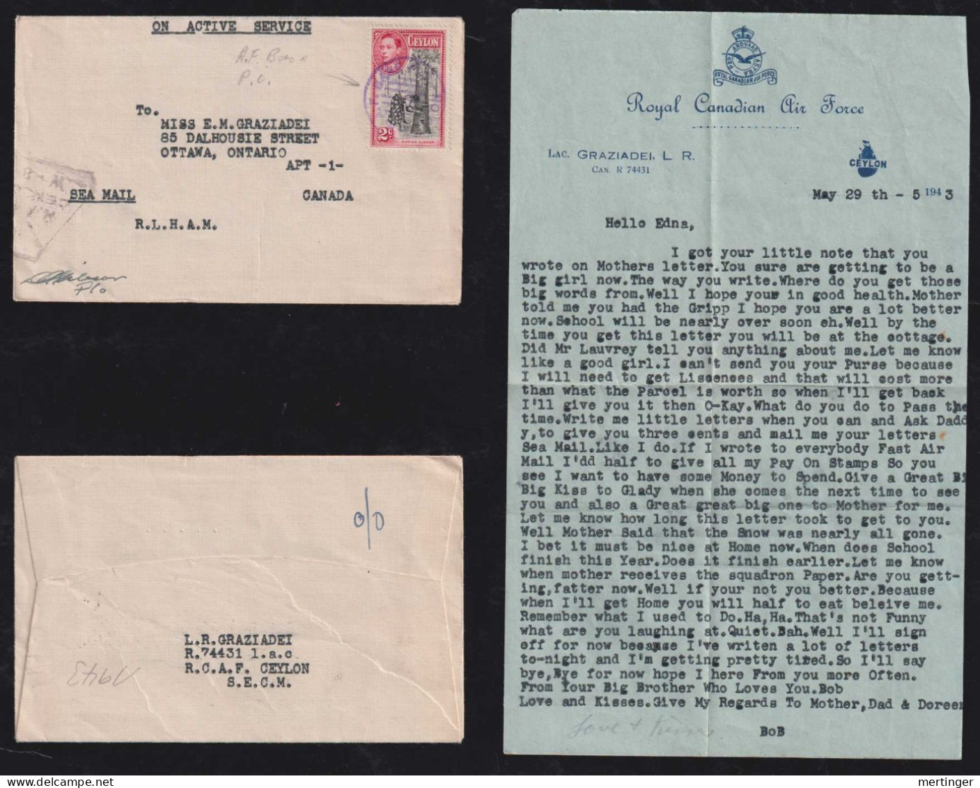Canada 1943 Field Post Cover Royal Canadian Air Force CEYLON X OTTAWA With Letter - Lettres & Documents