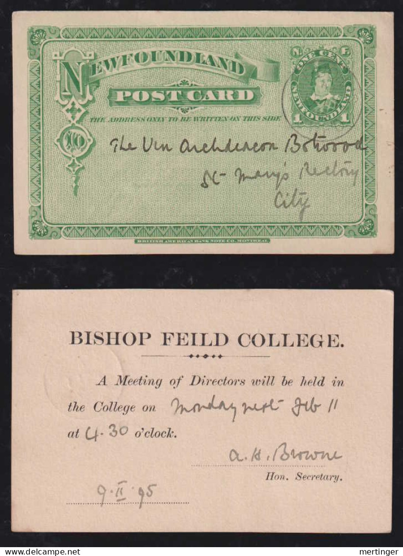 Canada Newfoundland 1895 Stationery Postcard Local Use ST JOHNS Private Imprint BISHOP FEILD COLLEGE - 1865-1902