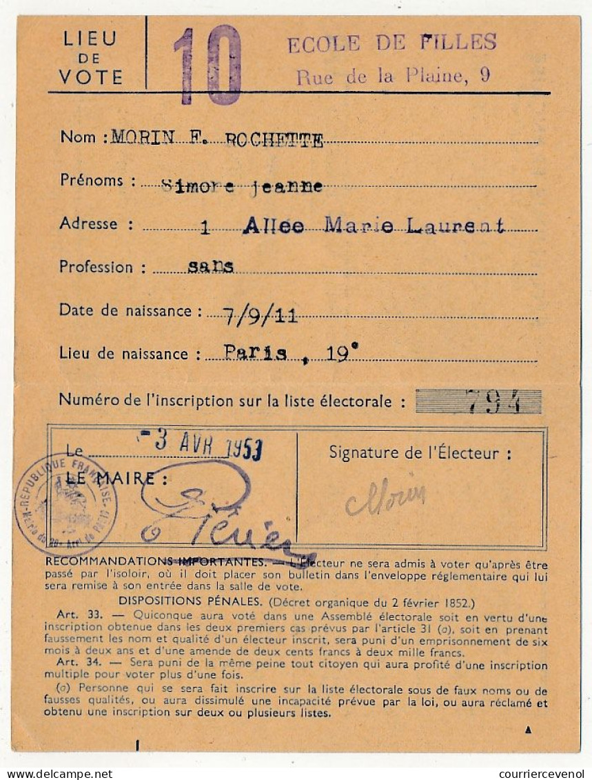 FRANCE - Carte D'Electeur 1953 X2 - SEINE Ville De Paris 17eme Et 20eme Arrondissement - Historische Documenten