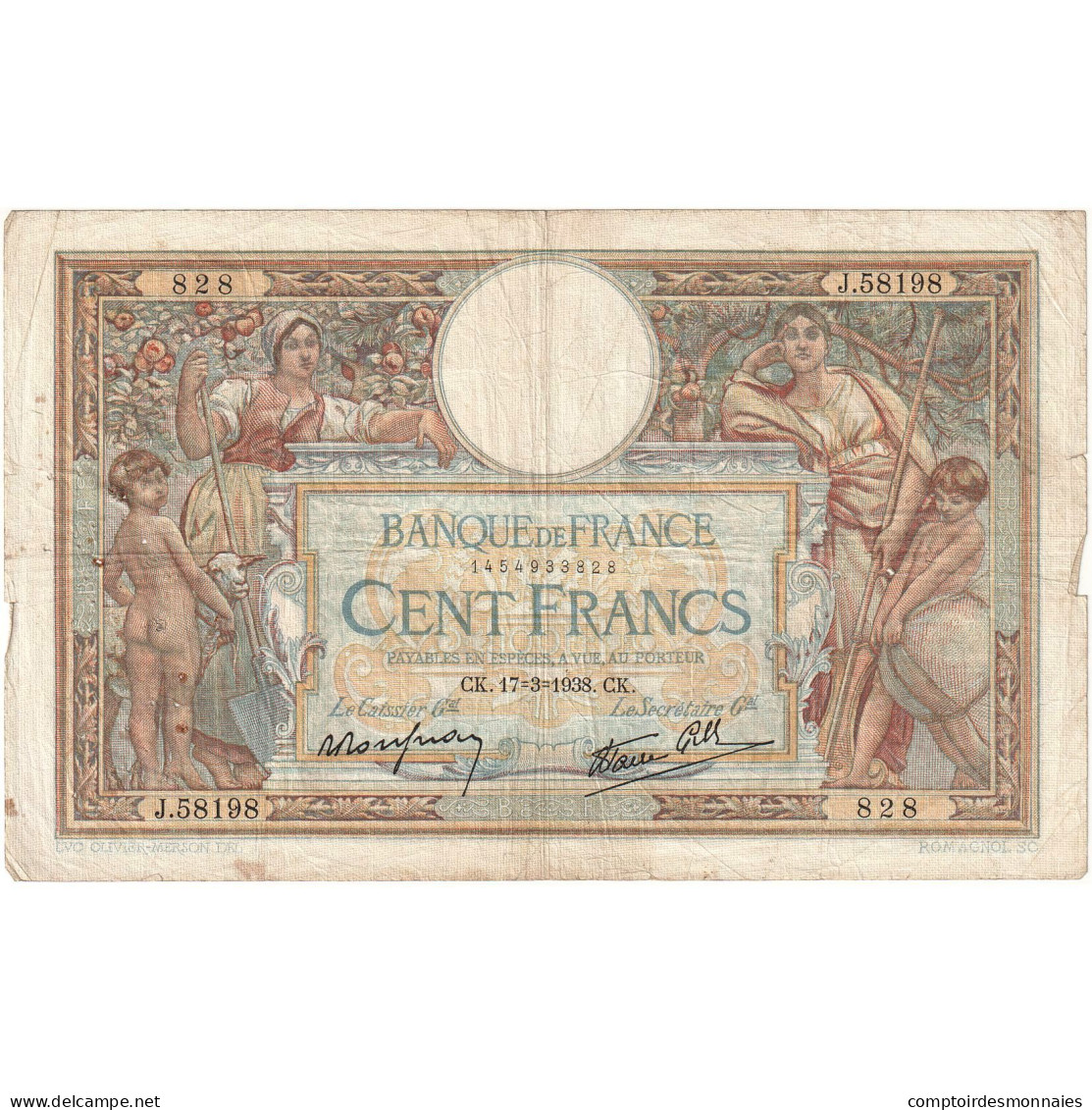 France, 100 Francs, 1938, J.58198 828, TB+, Fayette:24.15, KM:78c - 100 F 1908-1939 ''Luc Olivier Merson''