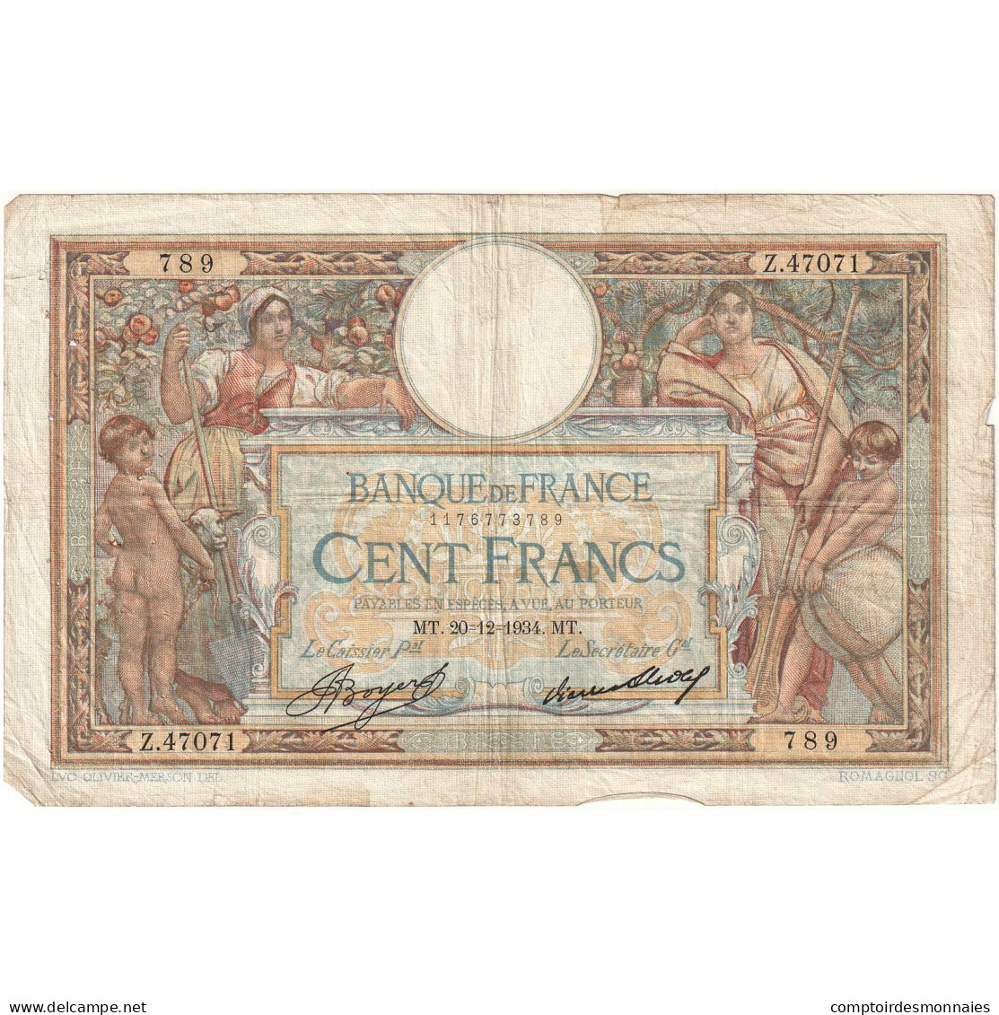 France, 100 Francs, 1934, Z.47071 789, TB+, Fayette:24.15, KM:78c - 100 F 1908-1939 ''Luc Olivier Merson''