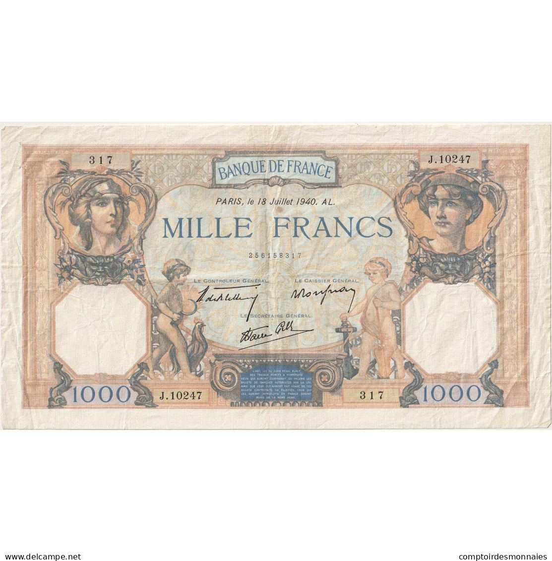 France, 1000 Francs, 1940, J.10247 317, SUP+, Fayette:38.50, KM:90c - 1 000 F 1927-1940 ''Cérès Et Mercure''