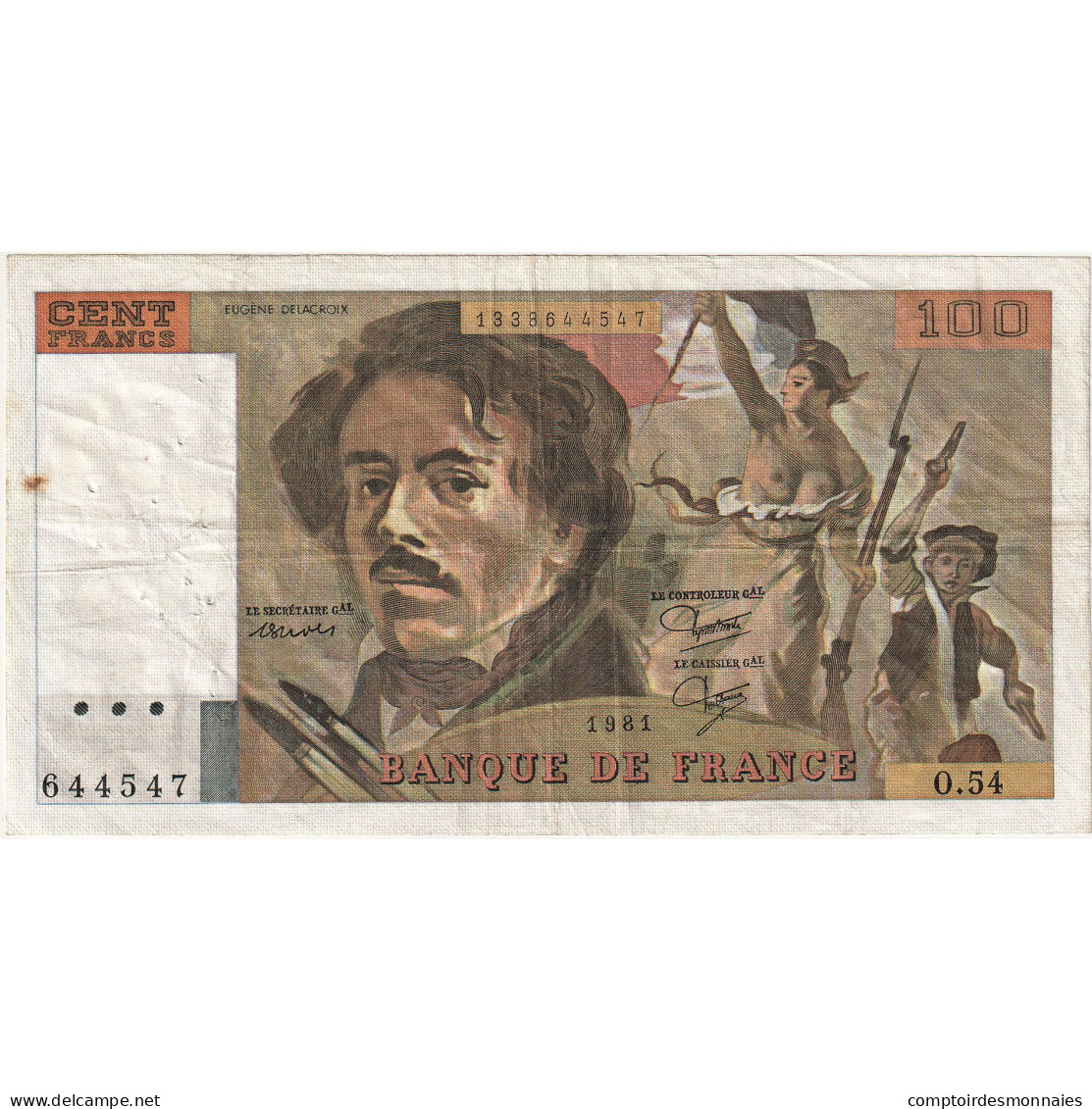 France, 100 Francs, Delacroix, 1981, O.54 644547, B, Fayette:69.4a, KM:154b - 100 F 1978-1995 ''Delacroix''