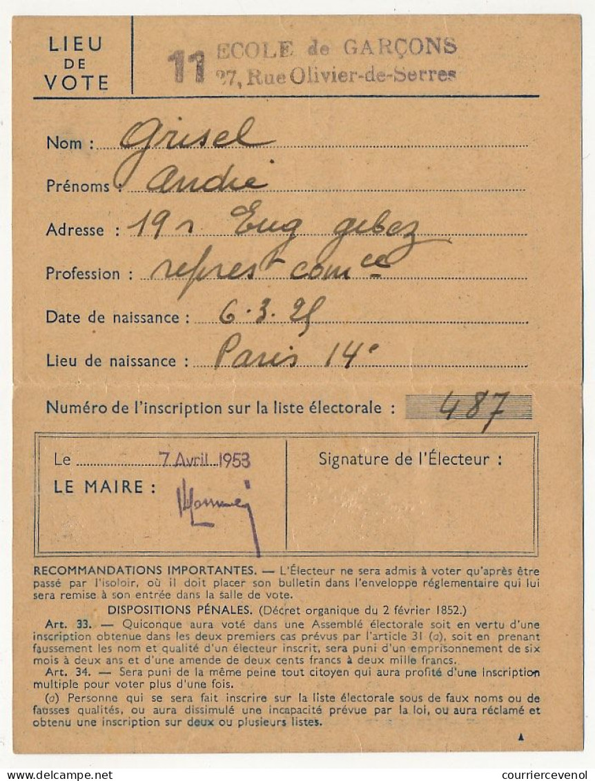 FRANCE - Carte D'Electeur 1953 X2 - SEINE Ville De Paris 15eme Et Mairie D'Herblay (Seine Et Oise) - Documents Historiques