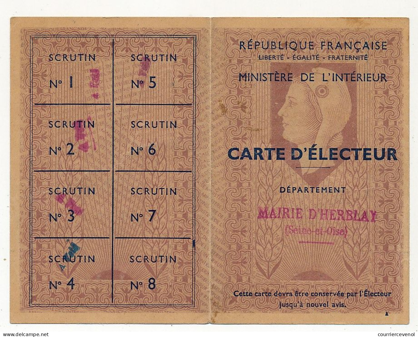 FRANCE - Carte D'Electeur 1953 X2 - SEINE Ville De Paris 15eme Et Mairie D'Herblay (Seine Et Oise) - Historische Documenten