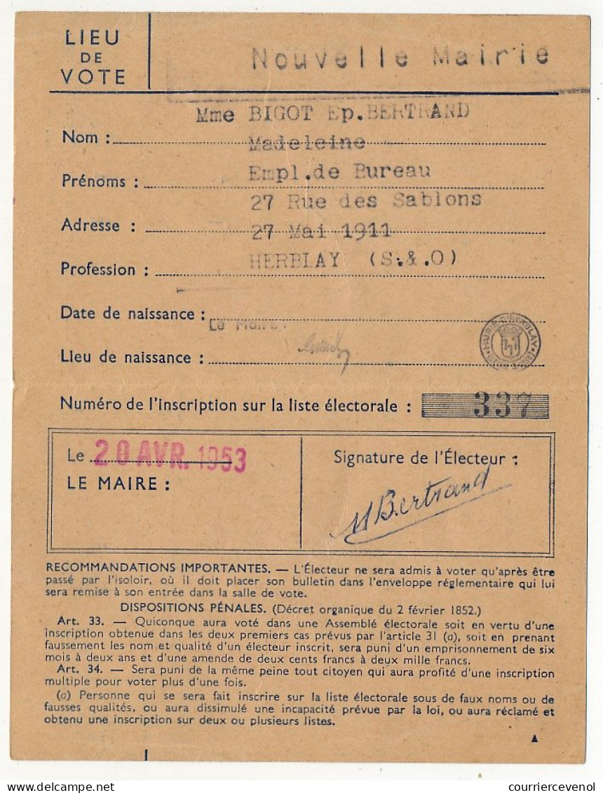 FRANCE - Carte D'Electeur 1953 X2 - SEINE Ville De Paris 15eme Et Mairie D'Herblay (Seine Et Oise) - Documents Historiques