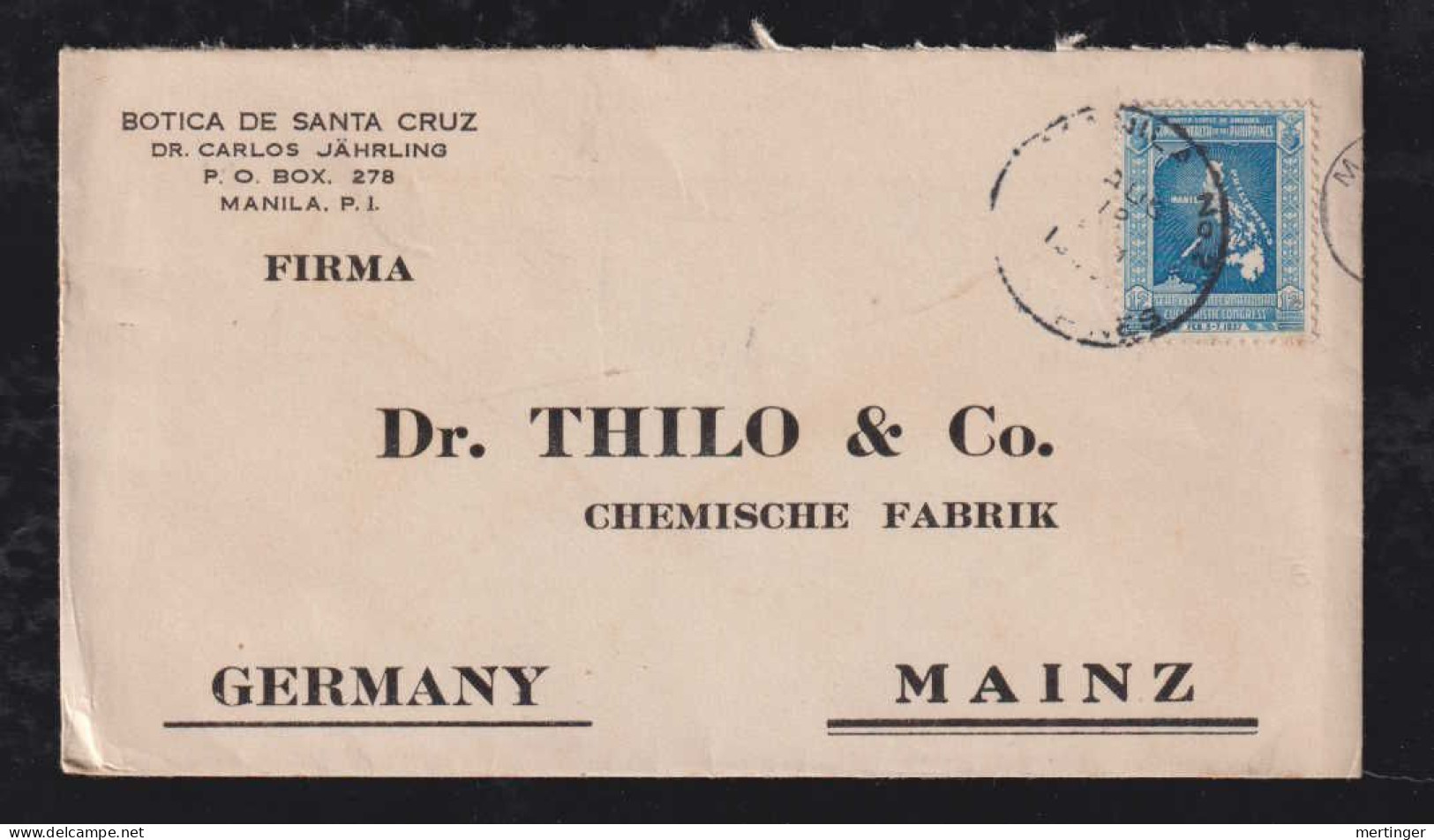 USA Philippines 1937 Cover 12c Maps MANILA X MAINZ Germany - Philippinen