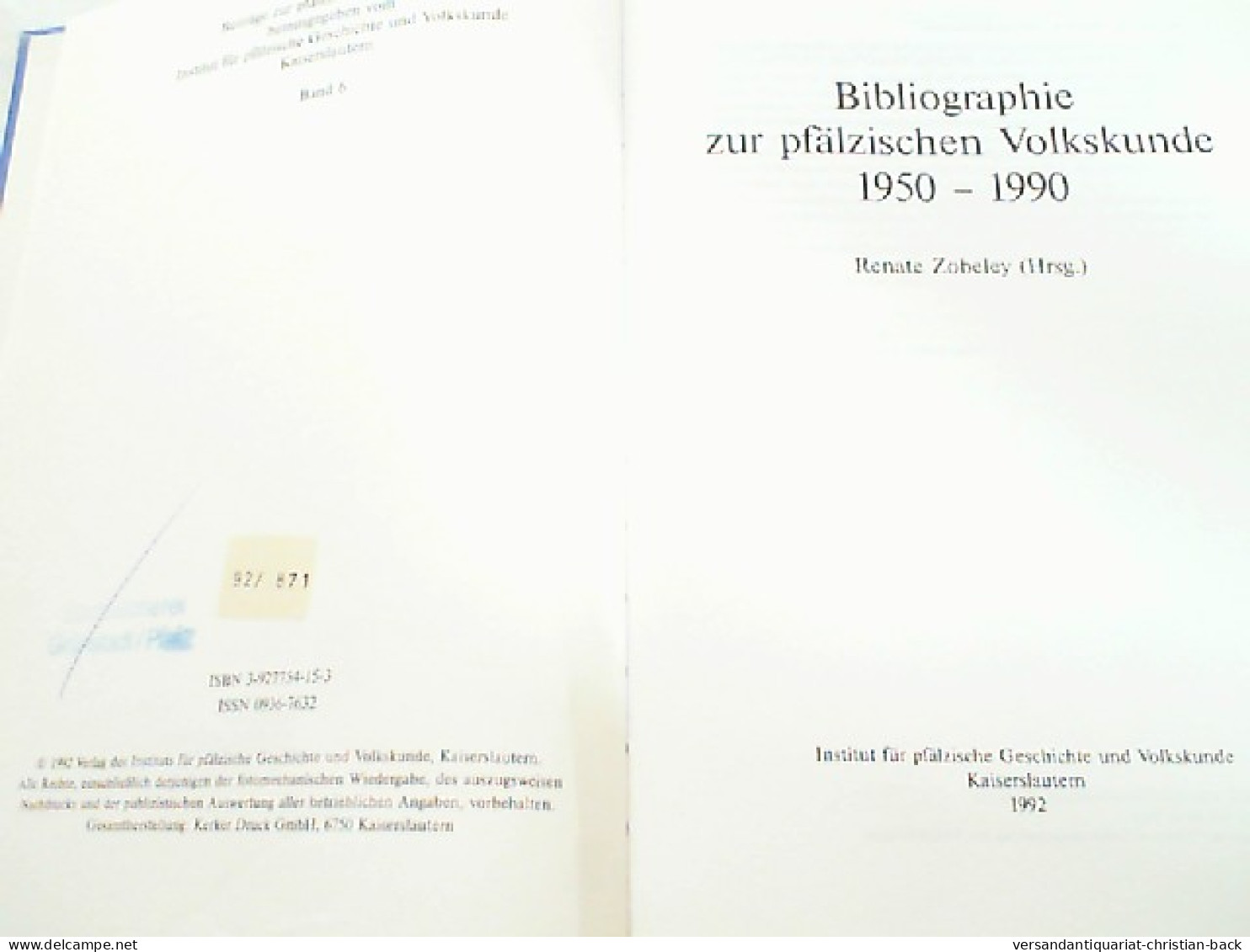 Bibliographie Zur Pfälzischen Volkskunde : 1950 - 1990. - Sonstige & Ohne Zuordnung