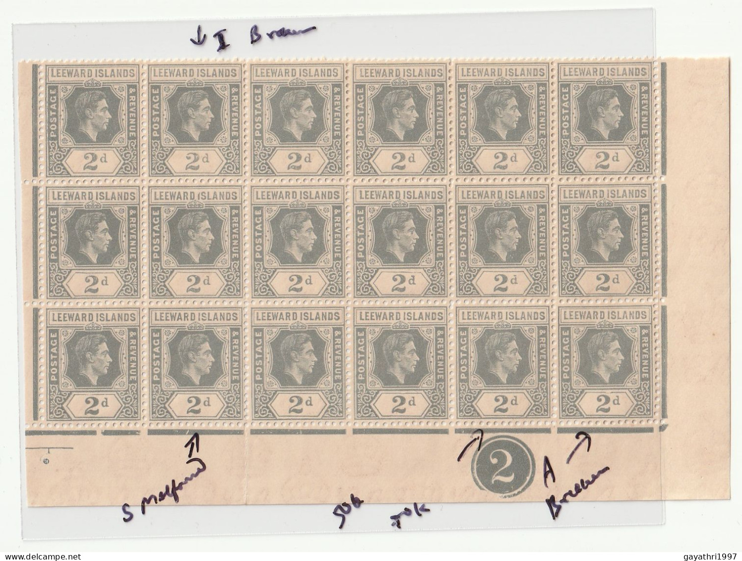 Leeward Island 1942 SG 103 Slate-  Grey Block Of 18 Stamps With Errors And Many Variety's,  ( Sh17) - Leeward  Islands