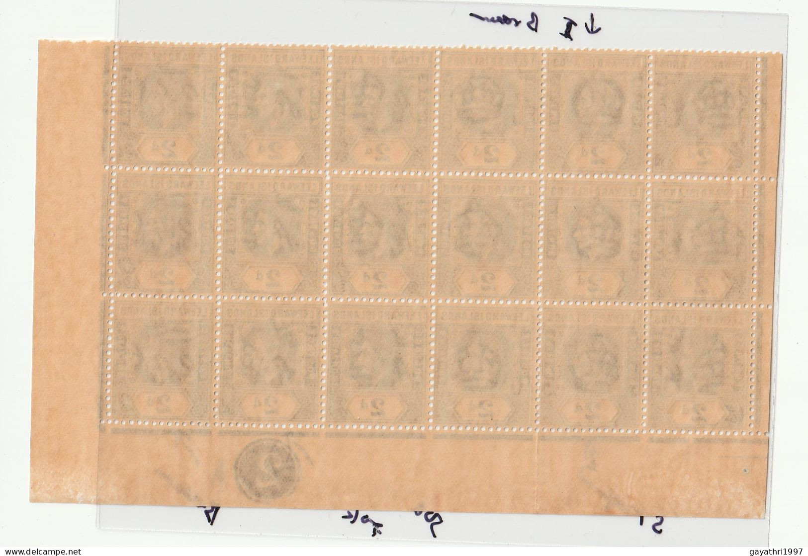 Leeward Island 1942 SG 103 Slate-  grey Block of 18 stamps with errors and many variety's,  ( sh17)