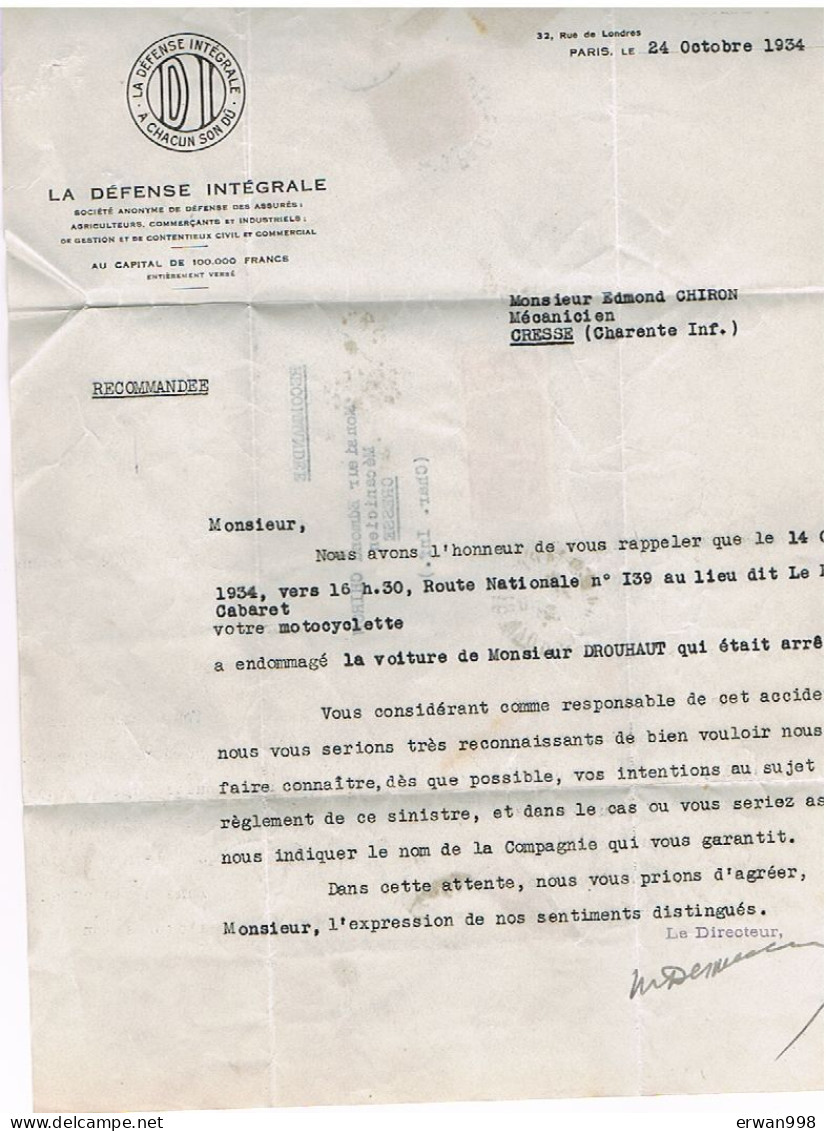 75 PARIS Assurances Sté LA DEFENSE INTEGRALE  Lettre Recommandée 24/10/1934 ,   509 - Bank En Verzekering