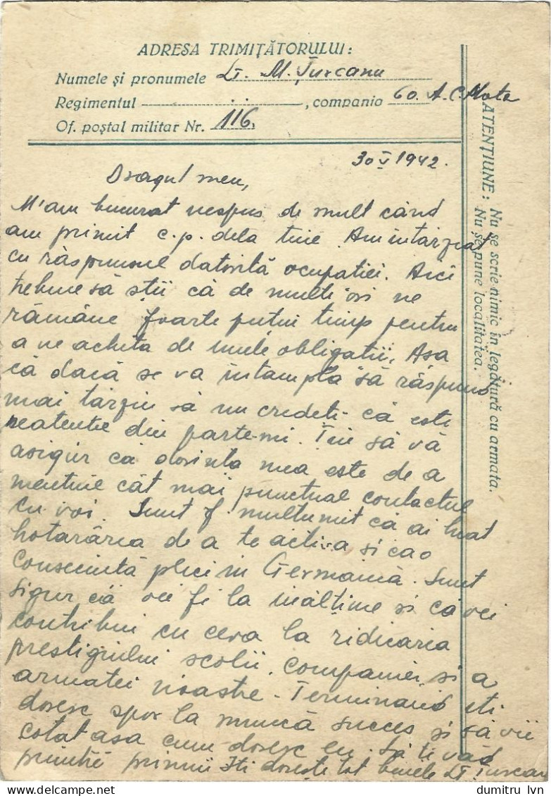 ROMANIA 1942 CENSORED, OPM.Nr.116, FREE MILITARY, WW2 POSTCARD STATIONERY - Cartas De La Segunda Guerra Mundial