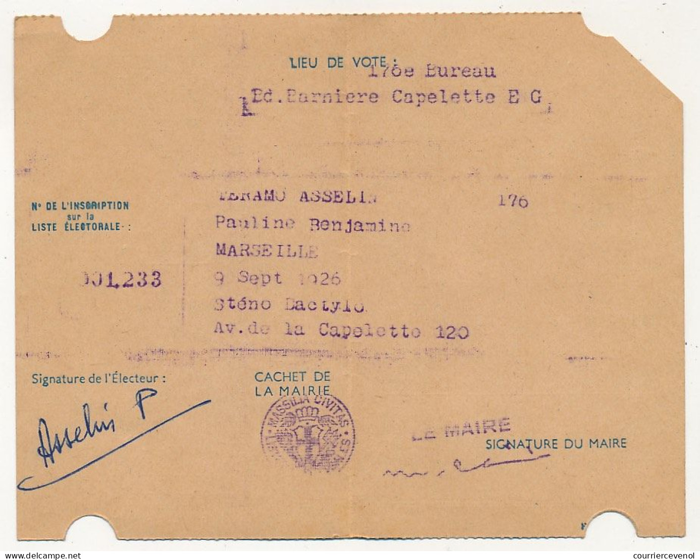 FRANCE - Carte D'Electeur 1953 X2 - Bouches Du Rhöne - Ville De Marseille - 6eme Bureau Capelette - Documents Historiques