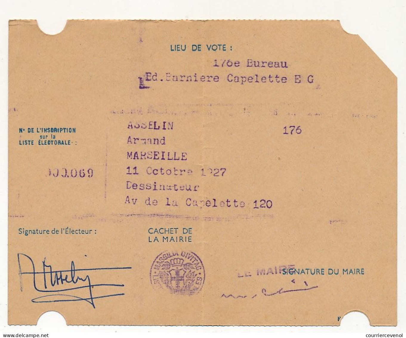 FRANCE - Carte D'Electeur 1953 X2 - Bouches Du Rhöne - Ville De Marseille - 6eme Bureau Capelette - Historische Documenten