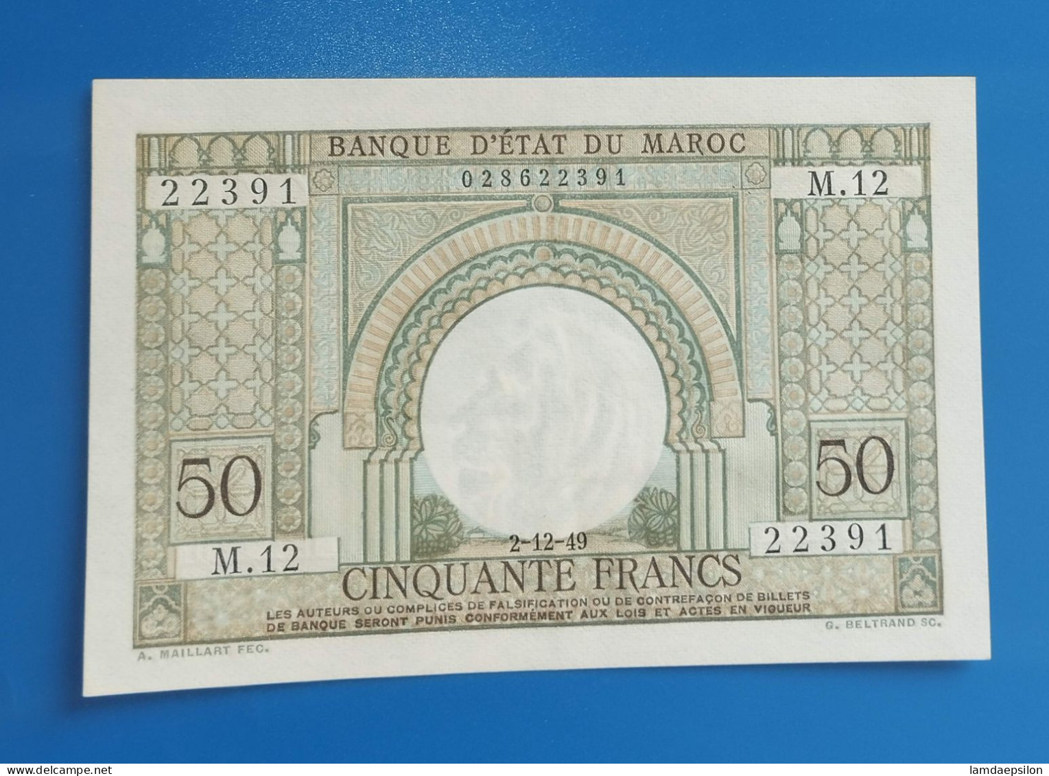 MAROC MOROCCO MARRUECOS MAROKKO BANQUE D'ETAT 50 FRANC 1949 AUNC - Marokko