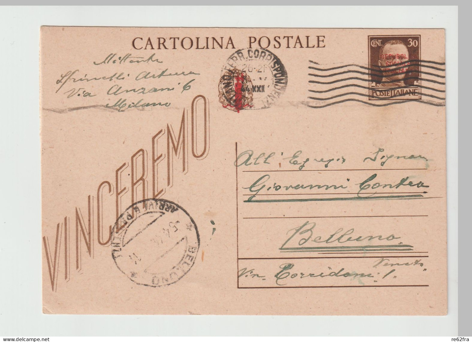 Vit.Em. III° Intero Postale C.30 - Propag.VINCEREMO  + Sopr. Rossa Repubblica Sociale E Fascio - Stamped Stationery
