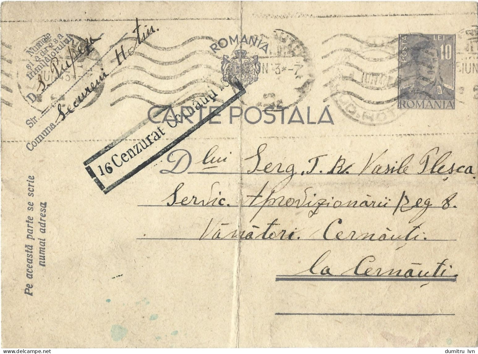 ROMANIA 1943 POSTCARD, CENSORED CERNAUTI 16, POSTCARD STATIONERY - Lettres 2ème Guerre Mondiale