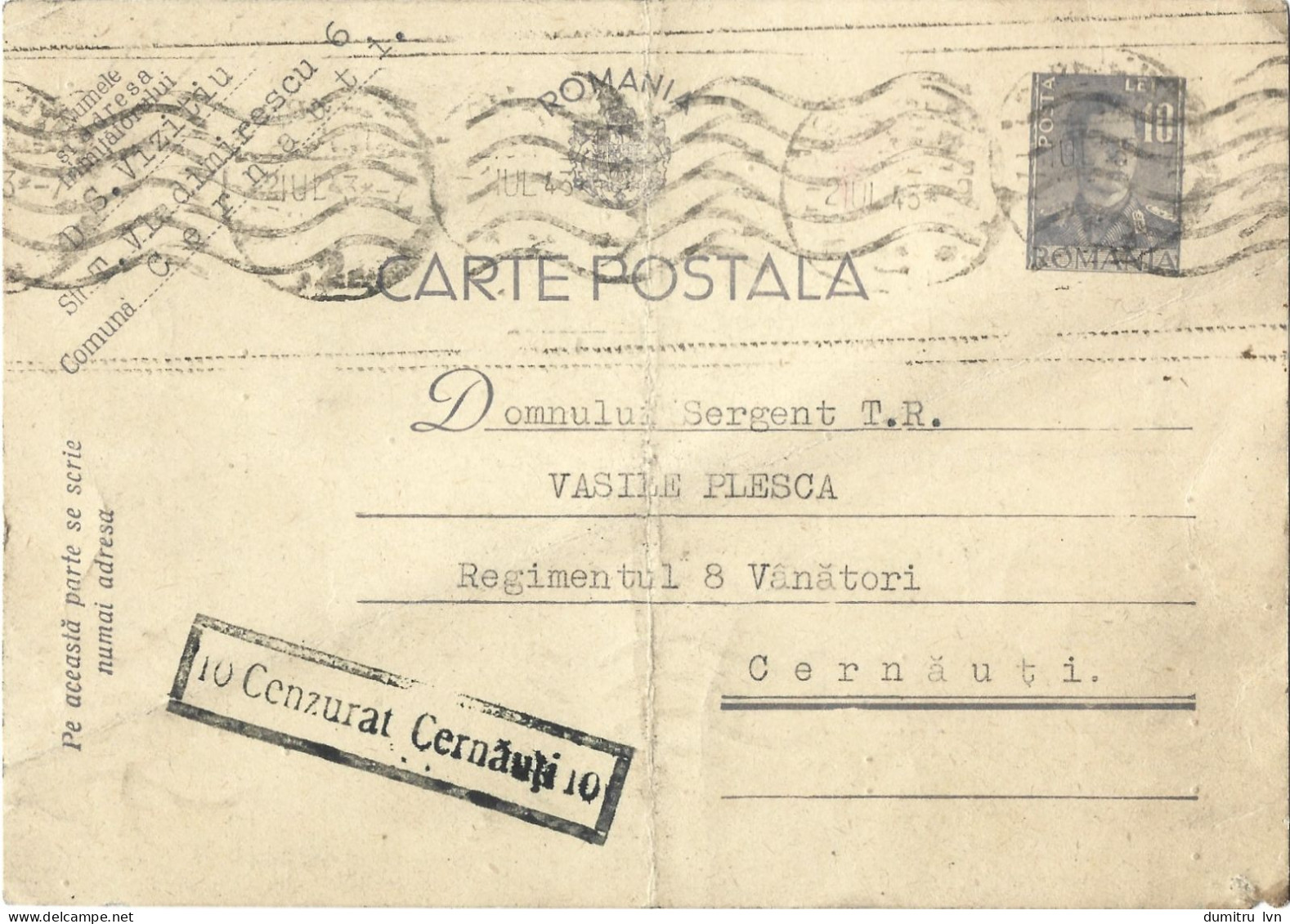 ROMANIA 1943 POSTCARD, CENSORED CERNAUTI 10, POSTCARD STATIONERY - Lettres 2ème Guerre Mondiale