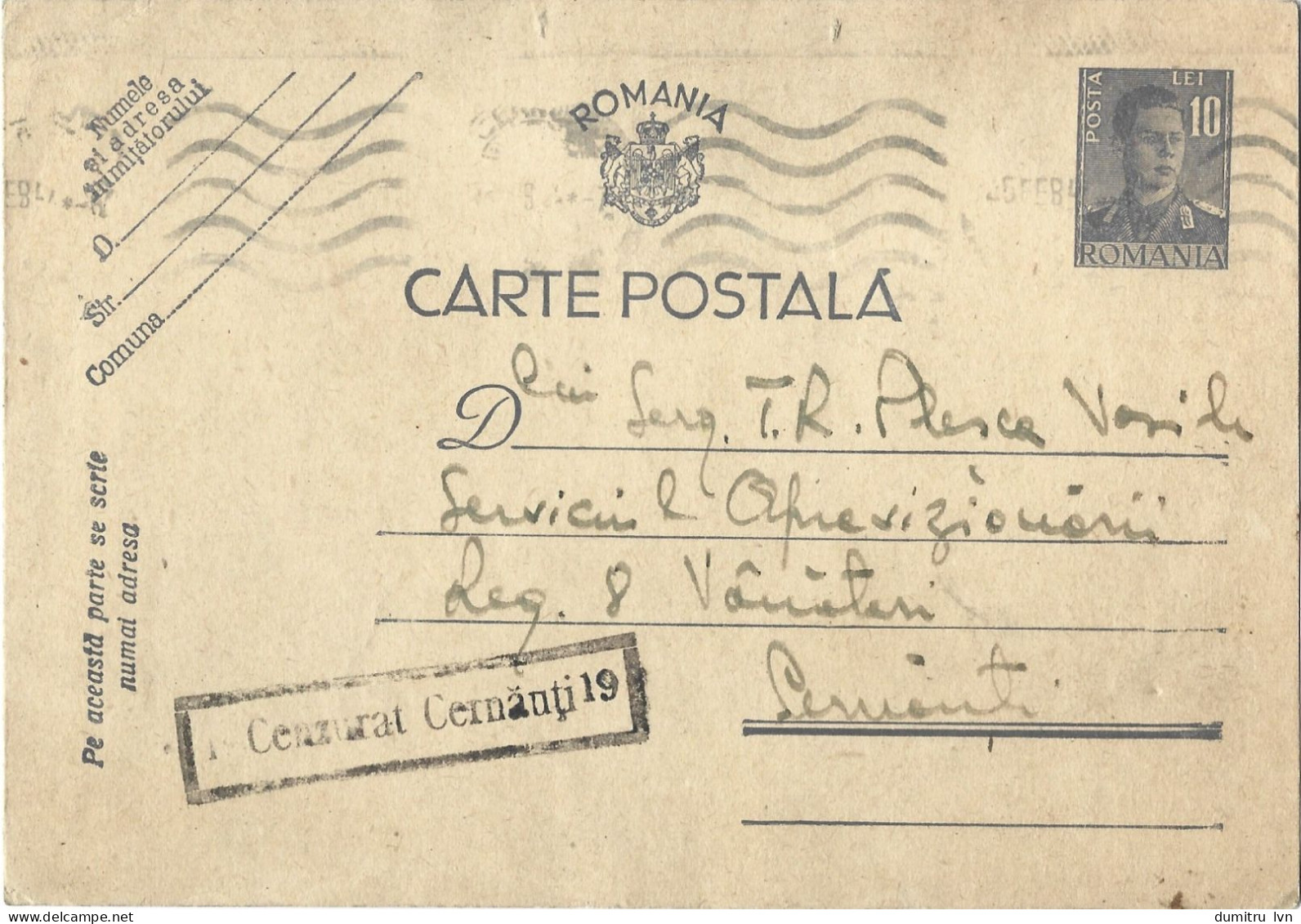 ROMANIA 1944 POSTCARD, CENSORED CERNAUTI 19, POSTCARD STATIONERY - Storia Postale Seconda Guerra Mondiale