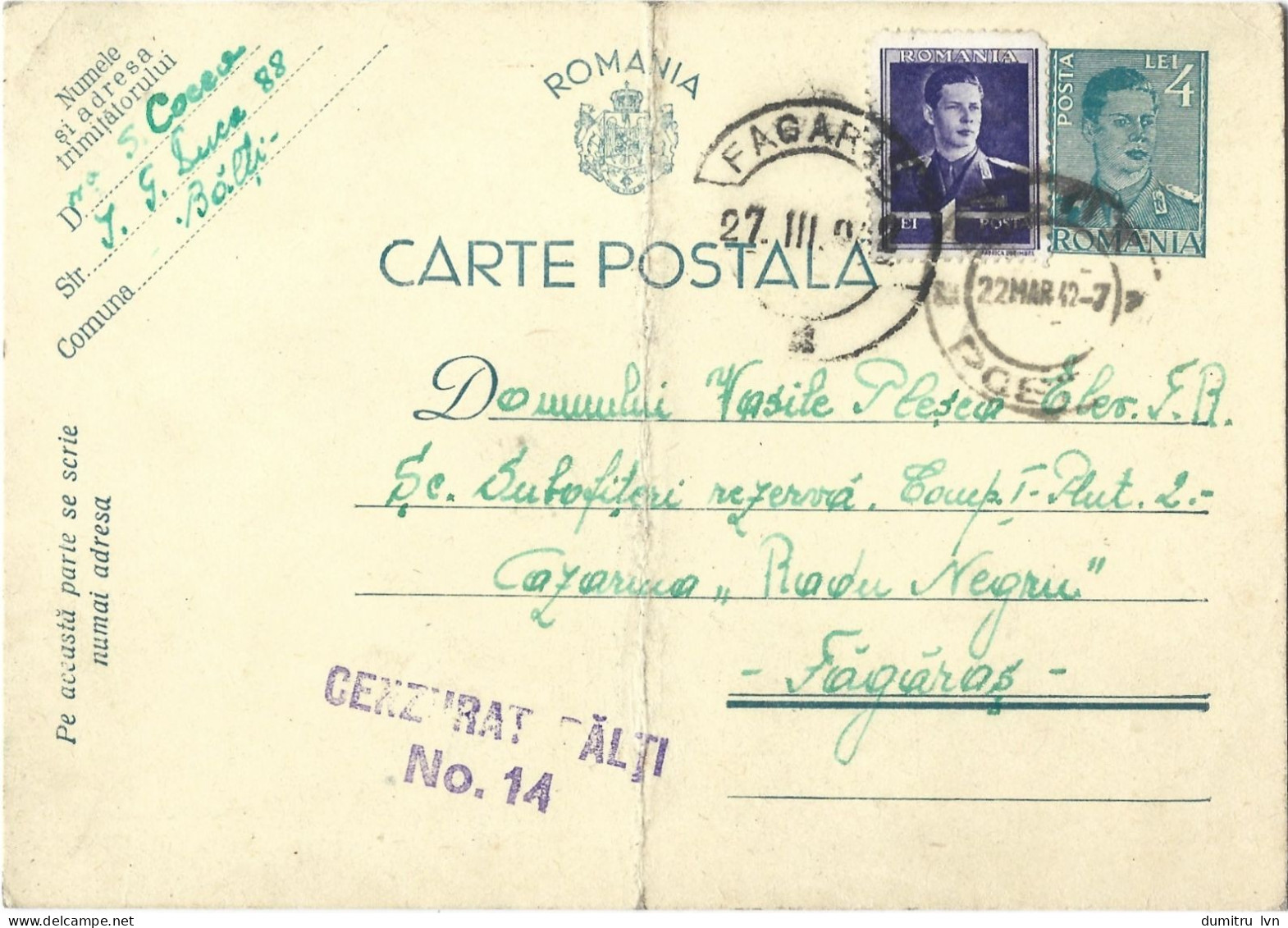 ROMANIA 1942 POSTCARD, CENSORED BALTI NO.14, POSTCARD STATIONERY - Cartas De La Segunda Guerra Mundial