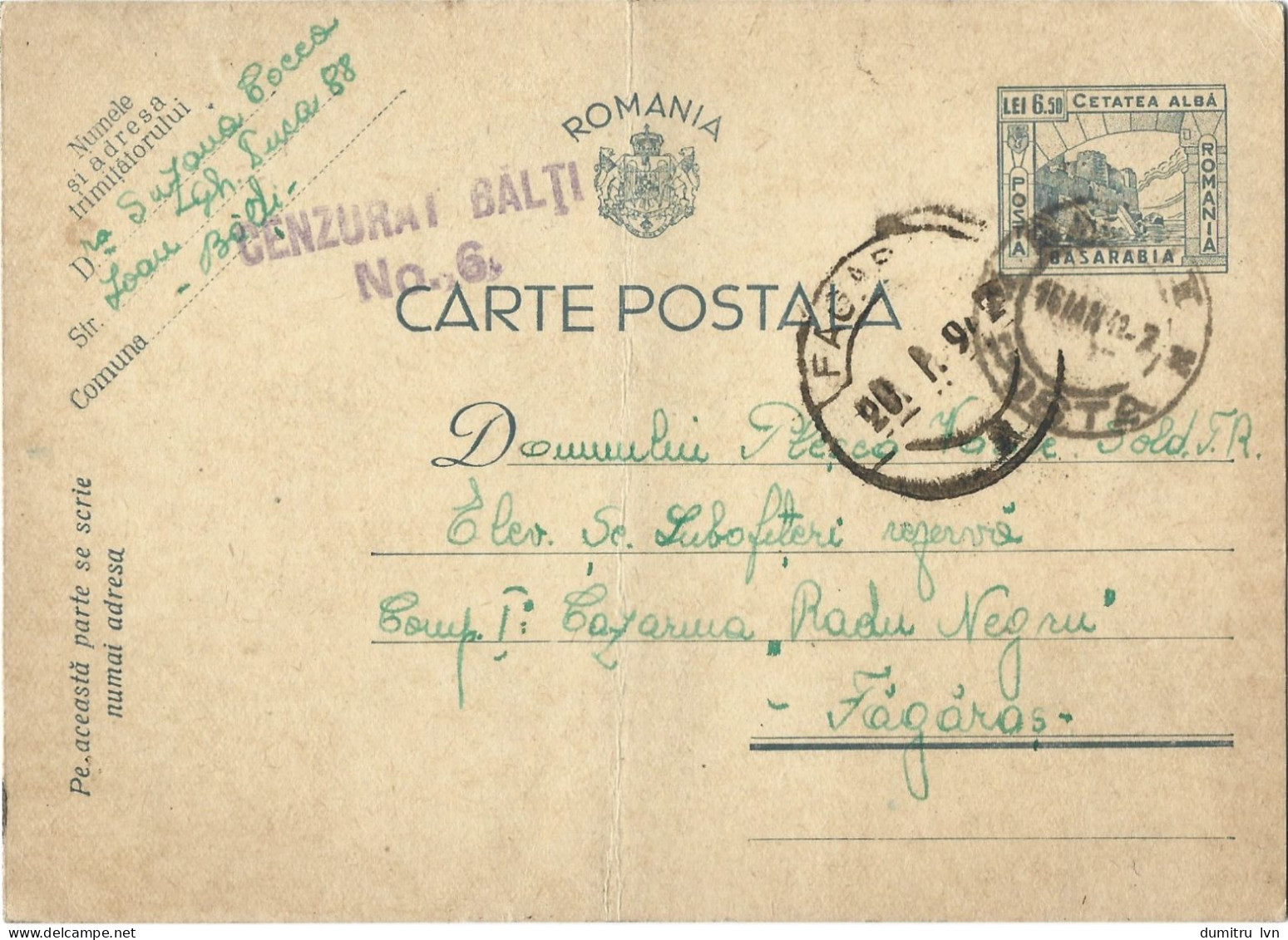 ROMANIA 1942 POSTCARD, CENSORED BALTI NO.6, POSTCARD STATIONERY - Storia Postale Seconda Guerra Mondiale