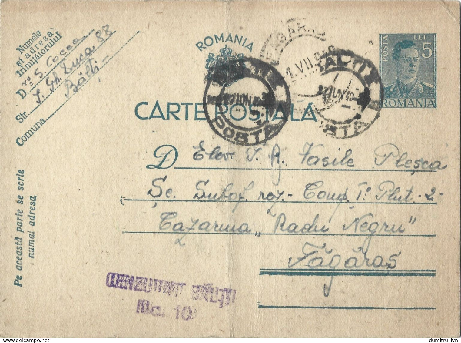 ROMANIA 1942 POSTCARD, CENSORED BALTI NO.10, POSTCARD STATIONERY - Storia Postale Seconda Guerra Mondiale