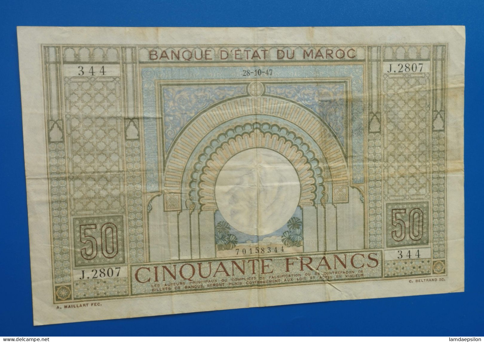 MAROC MOROCCO MARRUECOS MAROKKO BANQUE D'ETAT 50 FRANC 1947 - Marocco