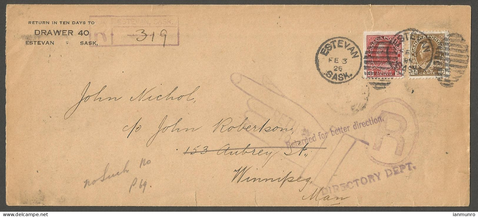 1926 Registered Cover 13c Admirals Duplex Estevan Saskatchewan To Winnipeg Manitoba Retuned Large R - Postgeschiedenis