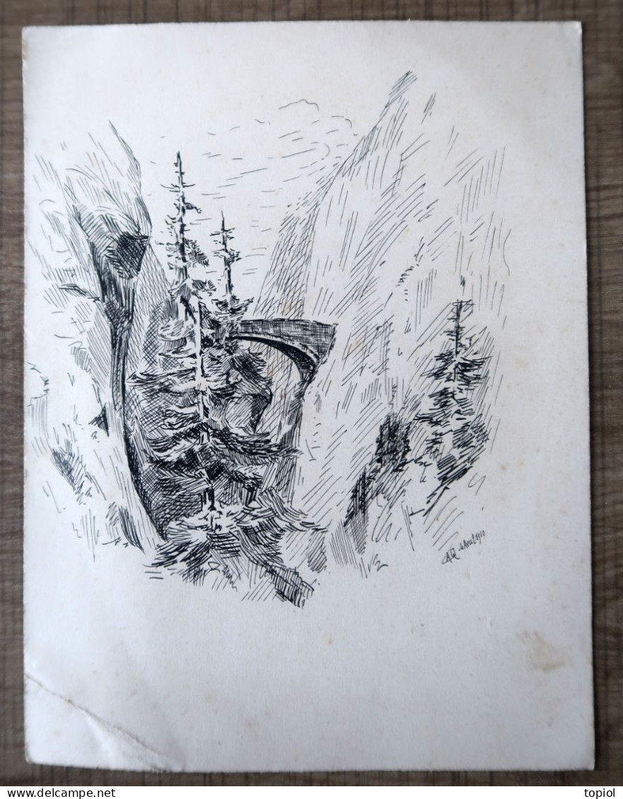 Dessin Original Sur Carton "Paysage De Montagne" - 1910 - Signé A.Querleux - Dessins