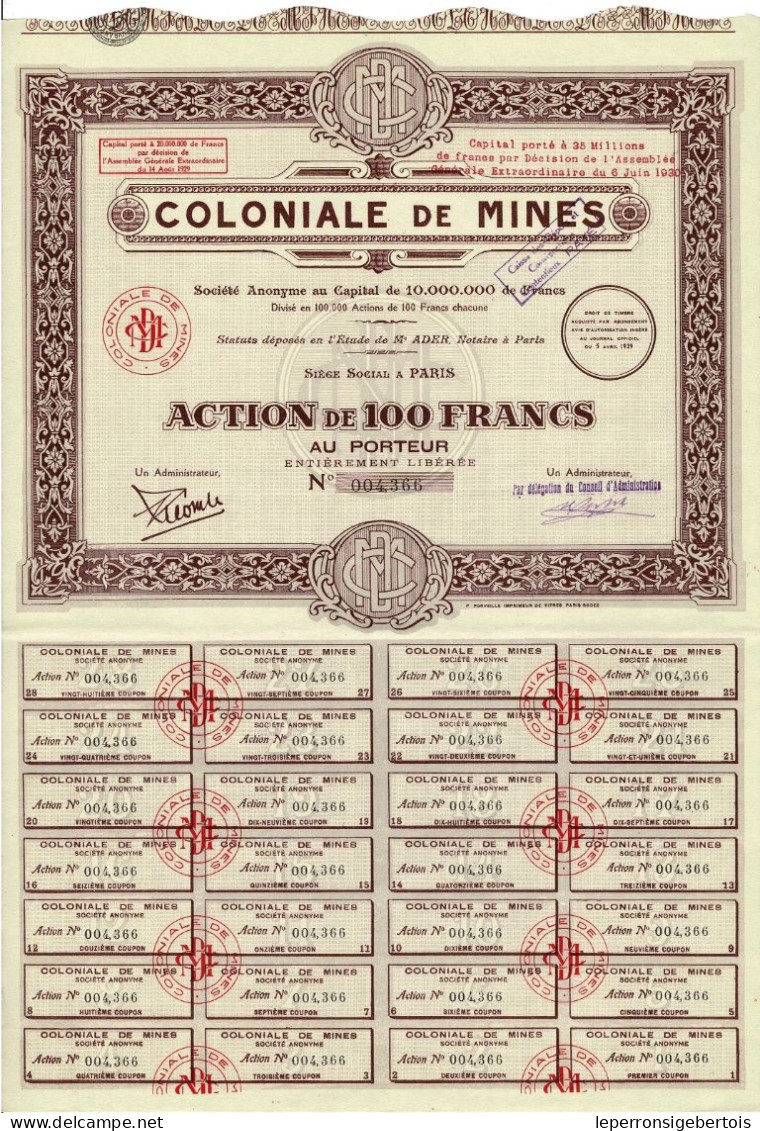 -Titre De 1929 - Coloniale De Mines - Société Anonyme  - - Africa