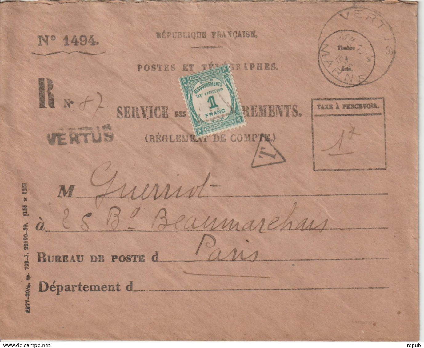 France 1935 Lettre Service Des Recouvrements Taxe 60 Oblit Vertus - 1859-1959 Briefe & Dokumente