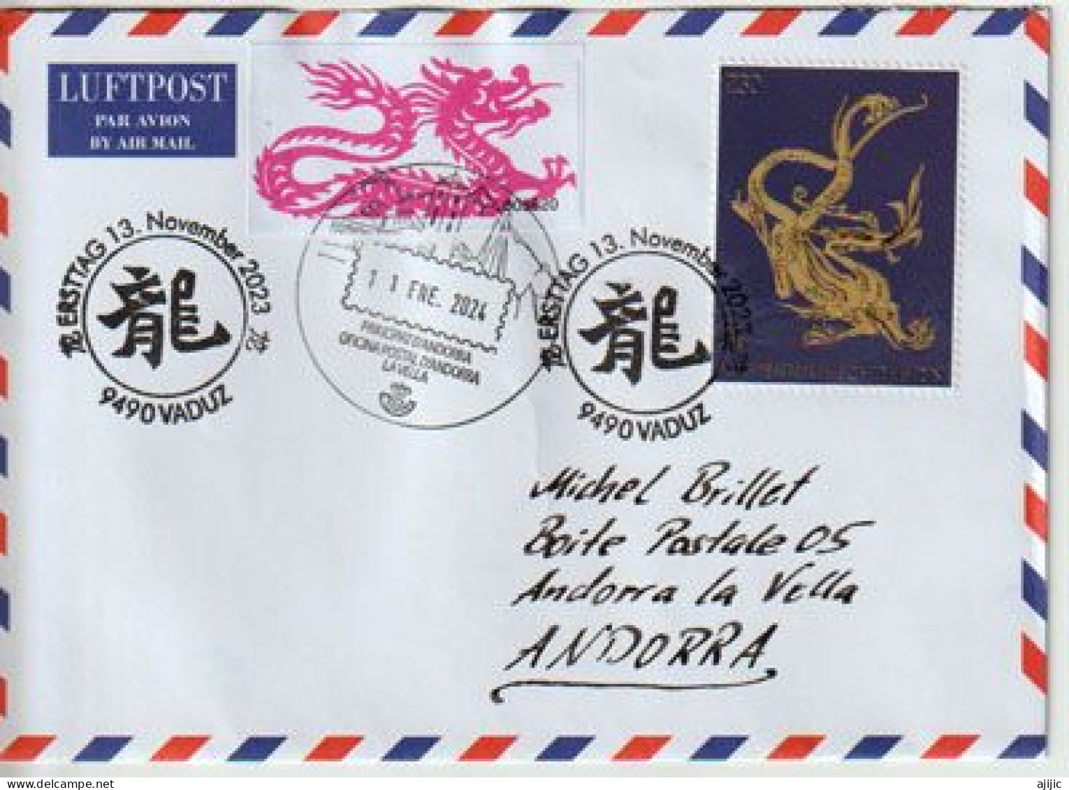 2024.Année Du Dragon (Nouvel An Chinois)letter From Principality Liechtenstein To Principality Of Andorra,with Postmarks - Briefe U. Dokumente