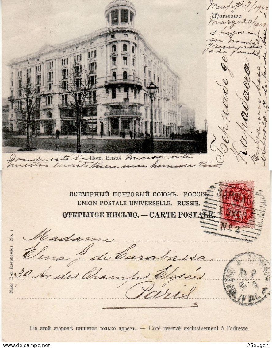 POLAND / RUSSIAN ANNEXATION 1902  POSTCARD  SENT FROM WARSZAWA TO PARIS - Covers & Documents