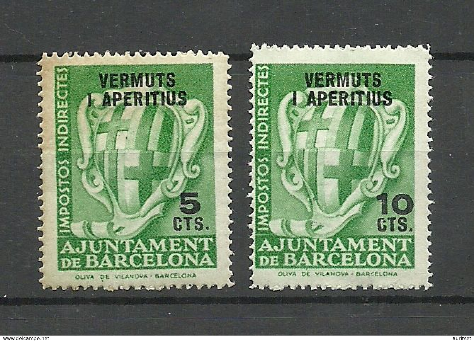 SPAIN Espana 1930ies Barcelona Local Issue Tax Revenue Taxe Vermuts I Aperitius Alcohol Tax 5 & 10 Cts. MNH - Barcelone