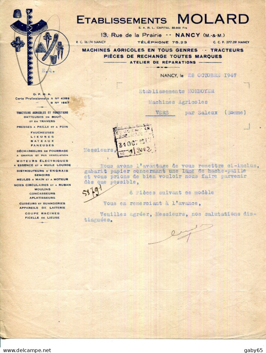 FACTURE.54.NANCY.MACHINES AGRICOLES.TRACTEURS.ATELIER DE RÉPARATIONS.Ets.MOLARD 13 RUE DE LA PRAIRIE. - Landwirtschaft